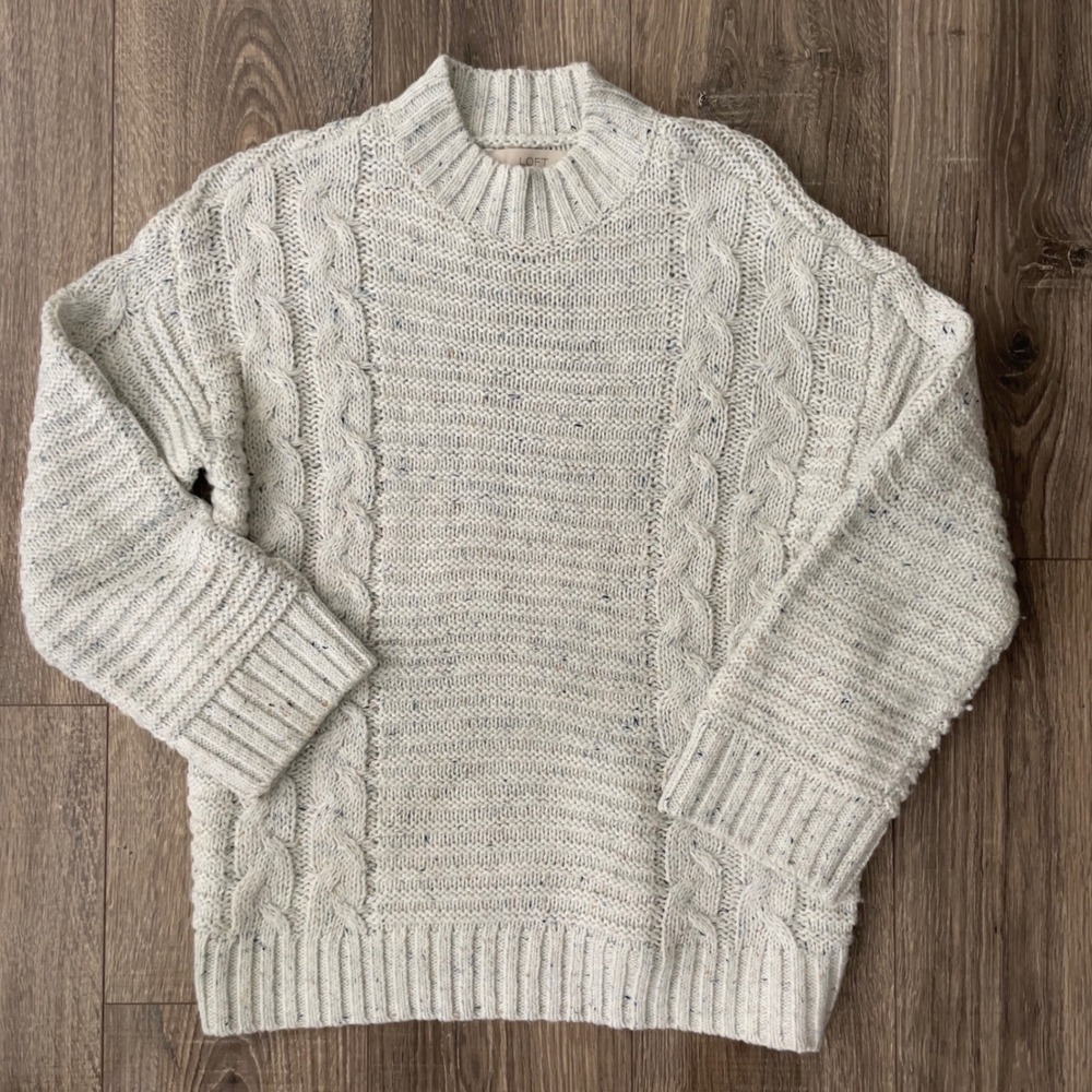 Loft Womens XS Cream Cable Knit Mock Neck Sweater Chunky Marl Flecked